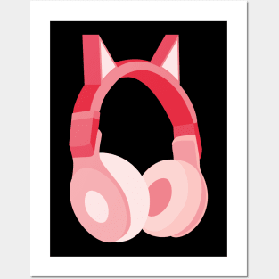 Pink Cat Ear Headphones Posters and Art